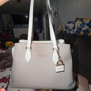 Guess Taupe and White Satchel with Logo Pattern